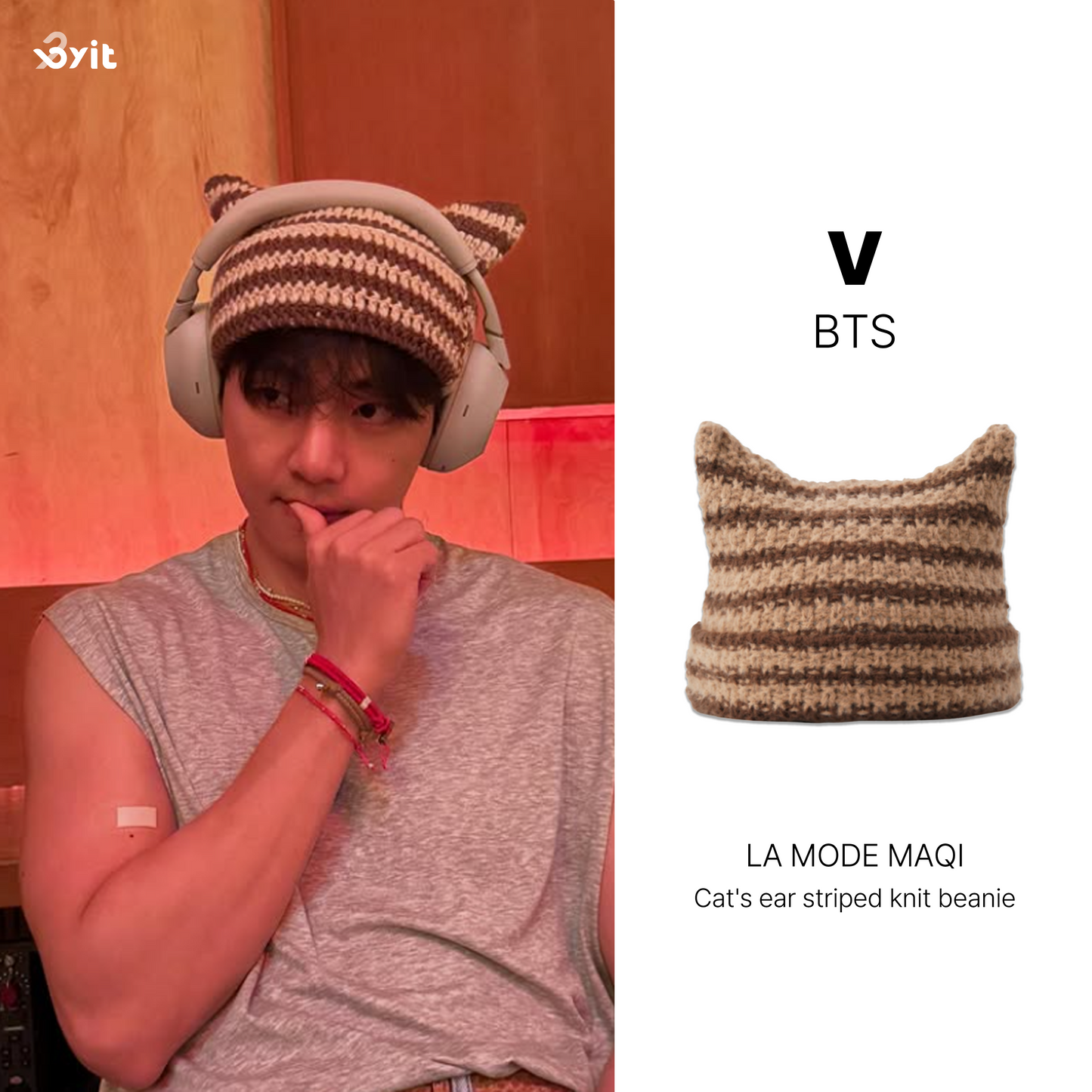 La mode MAQI - Cat's ear Striped Knit Beanie Hat (V Wear)