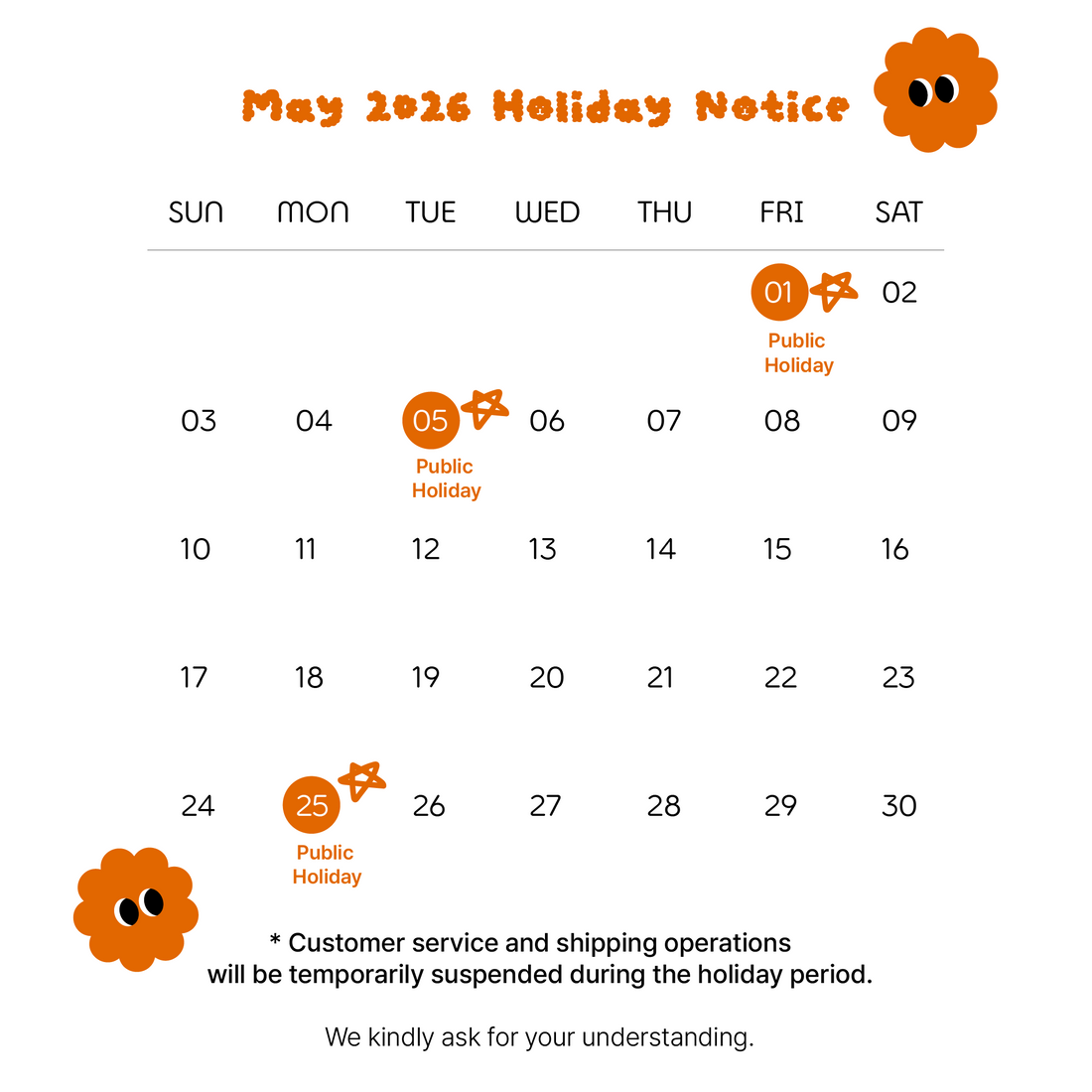 📌May 2026 Holiday Notice