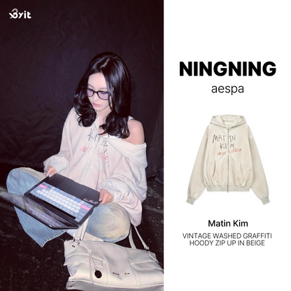 Matin Kim - Vintage Washed Graffiti Hoody Zip Up in Beige (NINGNING Wear)