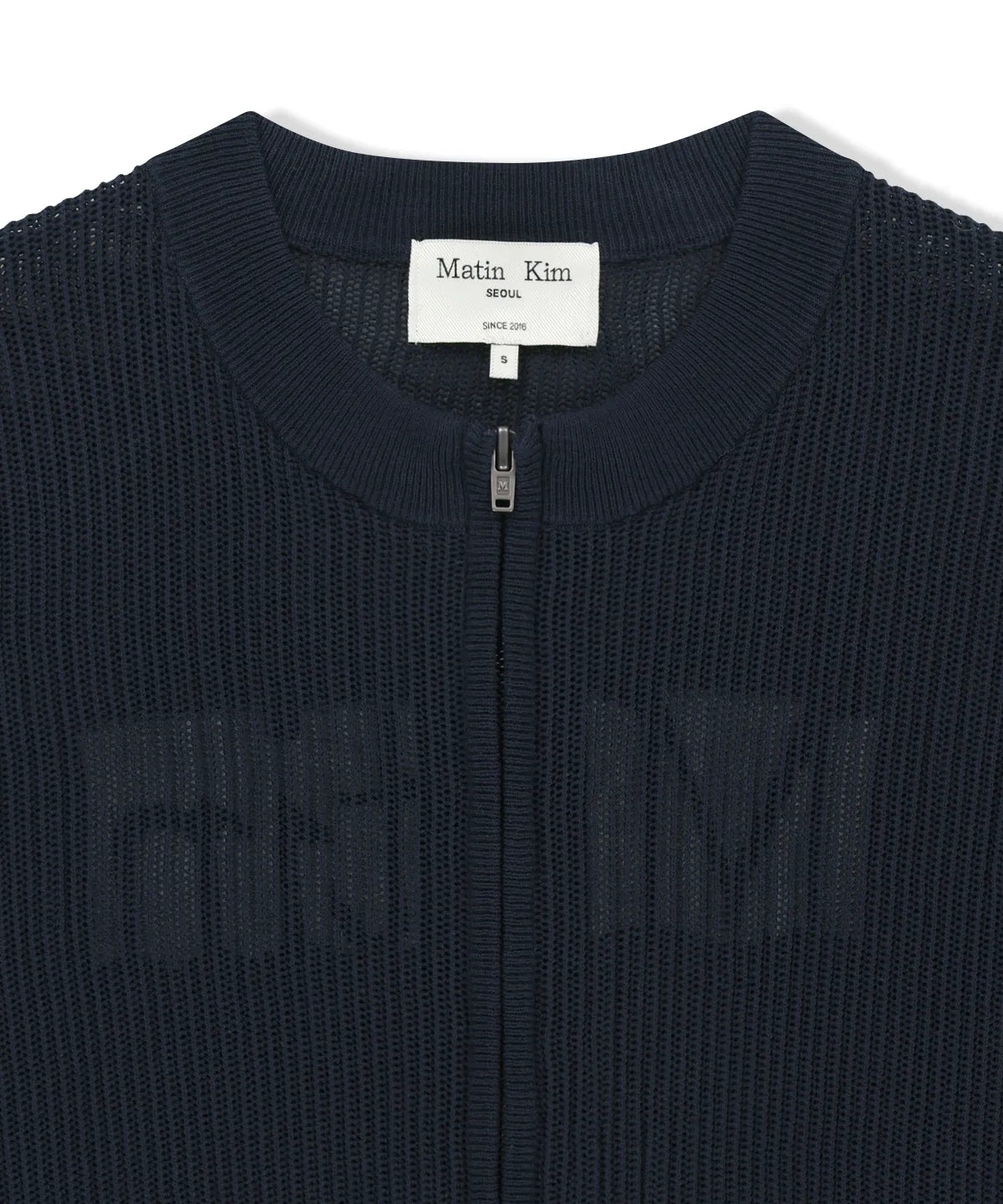 Matin Kim - Back Logo Jacquard Mesh Knit Zip Up in Navy (JENO Wear)